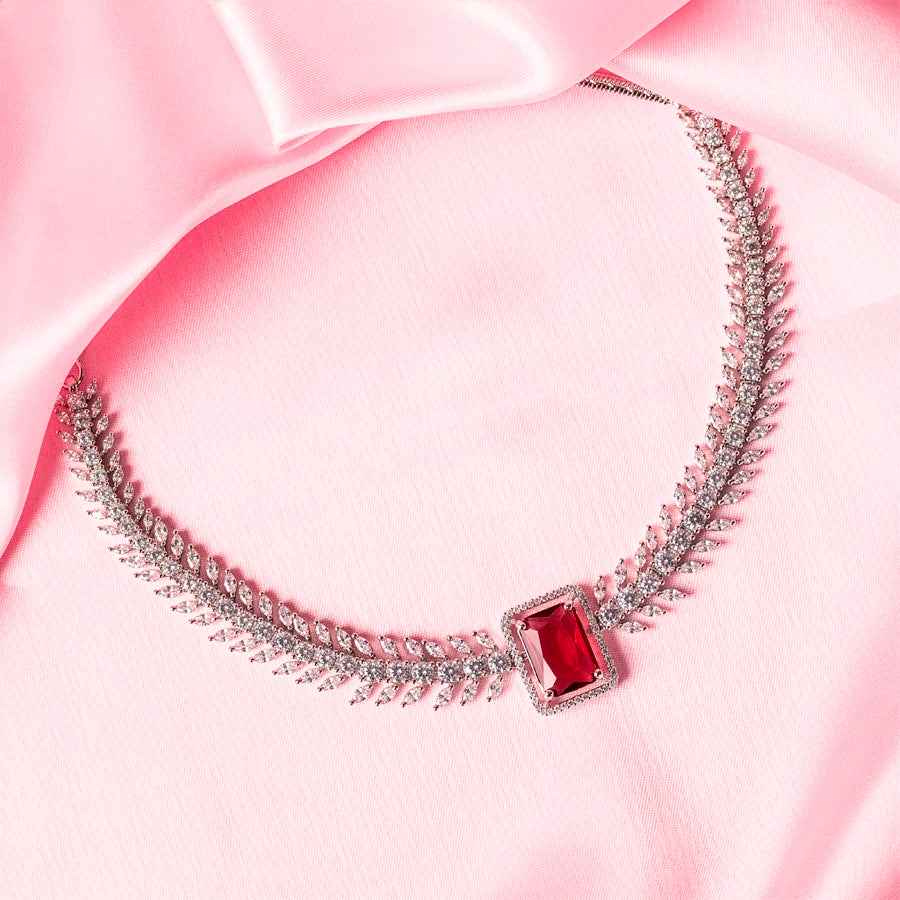 Wine Red Silver Polish Short Lightweight American Diamond Necklace Set for Women for Occasion and Party Wear (MC-NS-001-RD-SL)