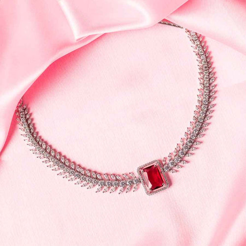 Wine Red Silver Polish Short Lightweight American Diamond Necklace Set for Women for Occasion and Party Wear (MC-NS-001-RD-SL)